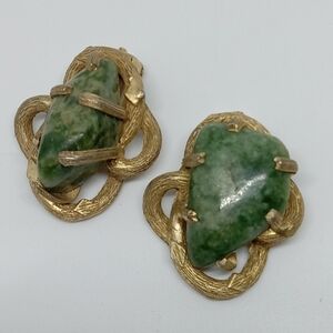 * vintage Kramer green stone gold tone clip on earrings